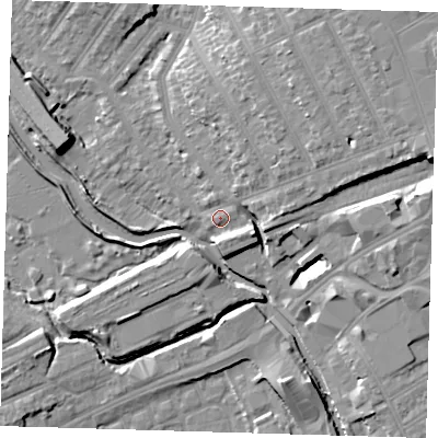 Shaded relief map of the ground around IG13AQ, computed from Environment Agency LiDAR. The ground here sits at about 7 m above sea level and falls 13 m across the surrounding 800 m. Surface water reaching this point runs off ground lying to the east-south-east, 5.1 m higher.