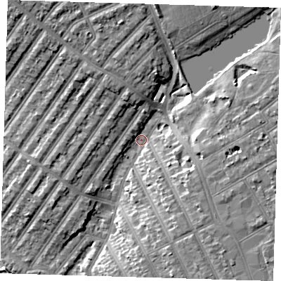 Shaded relief map of the ground around IG13BE, computed from Environment Agency LiDAR. The ground here sits at about 8 m above sea level and falls 11 m across the surrounding 800 m. Surface water reaching this point runs off ground lying to the north-west, 8.2 m higher.