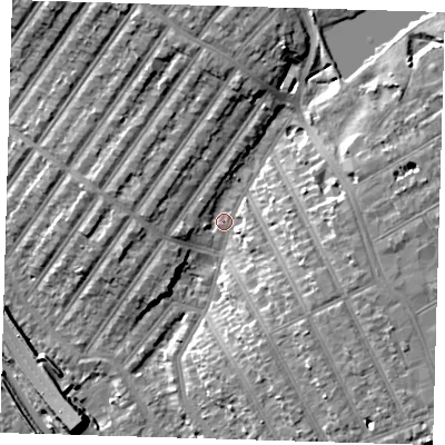 Shaded relief map of the ground around IG13BL, computed from Environment Agency LiDAR. The ground here sits at about 7 m above sea level and falls 11 m across the surrounding 800 m. Surface water reaching this point runs off ground lying to the east-north-east, 7.5 m higher.
