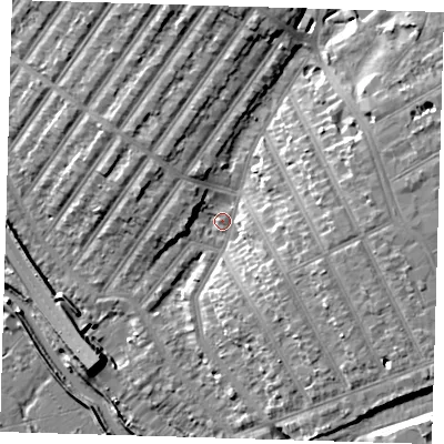 Shaded relief map of the ground around IG13BN, computed from Environment Agency LiDAR. The ground here sits at about 7 m above sea level and falls 11 m across the surrounding 800 m. Surface water reaching this point runs off ground lying to the east, 7.5 m higher.