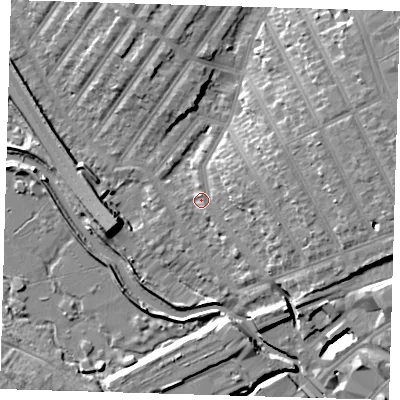 Shaded relief map of the ground around IG13BP, computed from Environment Agency LiDAR. The ground here sits at about 7 m above sea level and falls 11 m across the surrounding 800 m. Surface water reaching this point runs off ground lying to the east-south-east, 4.1 m higher.