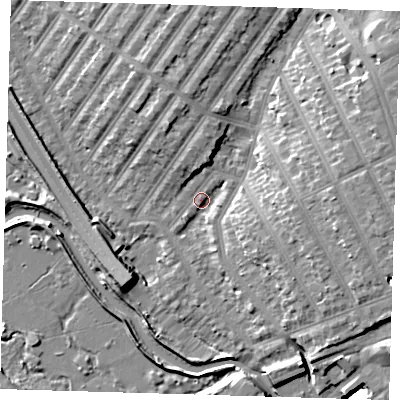 Shaded relief map of the ground around IG13BW, computed from Environment Agency LiDAR. The ground here sits at about 6 m above sea level and falls 11 m across the surrounding 800 m. Surface water reaching this point runs off ground lying to the east, 7.6 m higher.