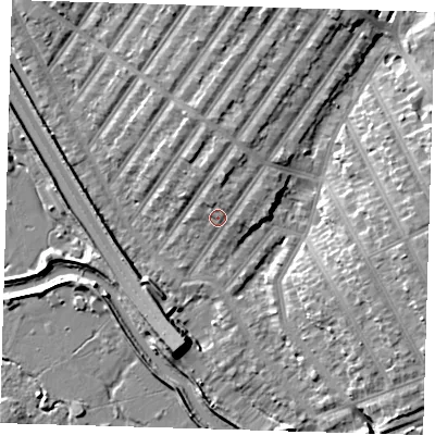 Shaded relief map of the ground around IG13DF, computed from Environment Agency LiDAR. The ground here sits at about 8 m above sea level and falls 10 m across the surrounding 800 m. Surface water reaching this point runs off ground lying to the north, 3.9 m higher.