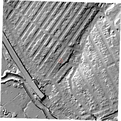 Shaded relief map of the ground around IG13DG, computed from Environment Agency LiDAR. The ground here sits at about 9 m above sea level and falls 10 m across the surrounding 800 m. Surface water reaching this point runs off ground lying to the north-north-west, 2.4 m higher.