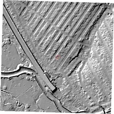Shaded relief map of the ground around IG13DH, computed from Environment Agency LiDAR. The ground here sits at about 7 m above sea level and falls 10 m across the surrounding 800 m. Surface water reaching this point runs off ground lying to the north-east, 5.1 m higher.
