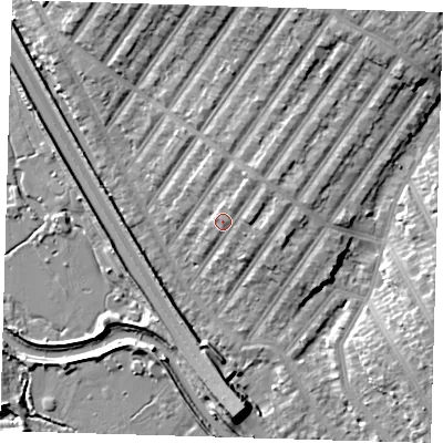 Shaded relief map of the ground around IG13DP, computed from Environment Agency LiDAR. The ground here sits at about 10 m above sea level and falls 10 m across the surrounding 800 m. Surface water reaching this point runs off ground lying to the north-north-east, 3.0 m higher.