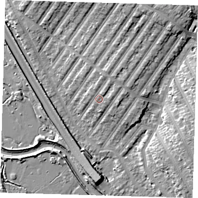Shaded relief map of the ground around IG13DR, computed from Environment Agency LiDAR. The ground here sits at about 10 m above sea level and falls 10 m across the surrounding 800 m. Surface water reaching this point runs off ground lying to the north-north-east, 2.0 m higher.