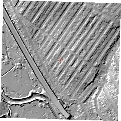 Shaded relief map of the ground around IG13EF, computed from Environment Agency LiDAR. The ground here sits at about 9 m above sea level and falls 10 m across the surrounding 800 m. Surface water reaching this point runs off ground lying to the north-north-east, 5.0 m higher.