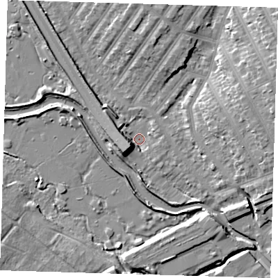 Shaded relief map of the ground around IG13FA, computed from Environment Agency LiDAR. The ground here sits at about 4 m above sea level and falls 10 m across the surrounding 800 m. Surface water reaching this point runs off ground lying to the east-north-east, 9.8 m higher.
