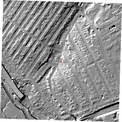 Shaded relief map of the ground around IG13FJ, computed from Environment Agency LiDAR. The ground here sits at about 7 m above sea level and falls 11 m across the surrounding 800 m. Surface water reaching this point runs off ground lying to the east-south-east, 7.6 m higher.