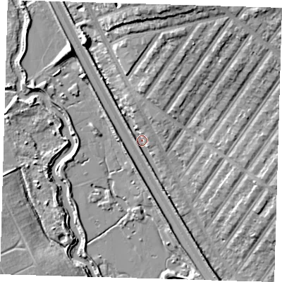 Shaded relief map of the ground around IG13FL, computed from Environment Agency LiDAR. The ground here sits at about 6 m above sea level and falls 14 m across the surrounding 800 m. Surface water reaching this point runs off ground lying to the north-north-east, 12.7 m higher.