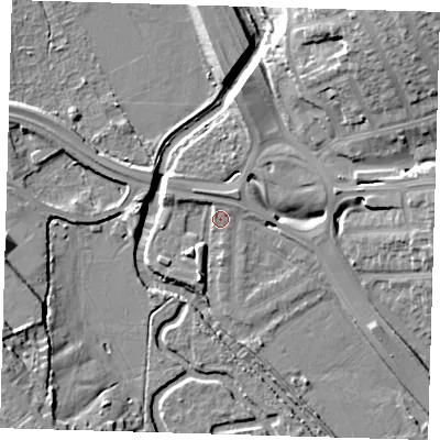 Shaded relief map of the ground around IG13SU, computed from Environment Agency LiDAR. The ground here sits at about 8 m above sea level and falls 20 m across the surrounding 800 m. Surface water reaching this point runs off ground lying to the north, 1.7 m higher.