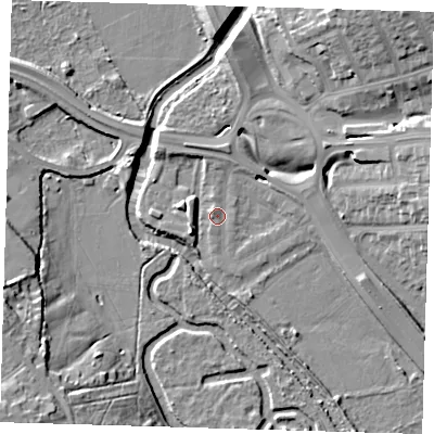 Shaded relief map of the ground around IG13SX, computed from Environment Agency LiDAR. The ground here sits at about 8 m above sea level and falls 21 m across the surrounding 800 m. Surface water reaching this point runs off ground lying to the north, 2.3 m higher.