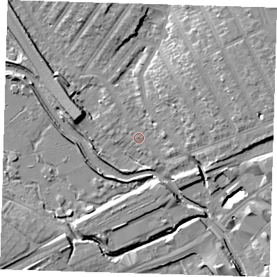 Shaded relief map of the ground around IG13TG, computed from Environment Agency LiDAR. The ground here sits at about 6 m above sea level and falls 11 m across the surrounding 800 m. Surface water reaching this point runs off ground lying to the east, 3.7 m higher.
