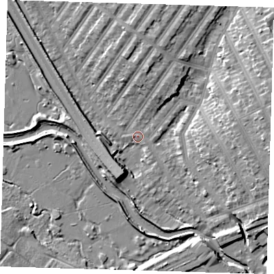 Shaded relief map of the ground around IG13TH, computed from Environment Agency LiDAR. The ground here sits at about 6 m above sea level and falls 10 m across the surrounding 800 m. Surface water reaching this point runs off ground lying to the east, 9.8 m higher.