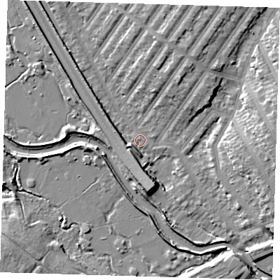 Shaded relief map of the ground around IG13TJ, computed from Environment Agency LiDAR. The ground here sits at about 6 m above sea level and falls 10 m across the surrounding 800 m. Surface water reaching this point runs off ground lying to the east, 7.6 m higher.