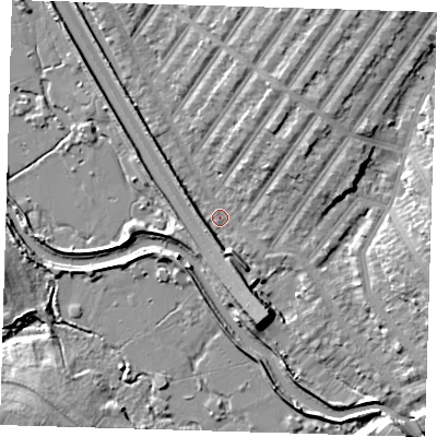 Shaded relief map of the ground around IG13TL, computed from Environment Agency LiDAR. The ground here sits at about 5 m above sea level and falls 10 m across the surrounding 800 m. Surface water reaching this point runs off ground lying to the north-north-east, 6.3 m higher.
