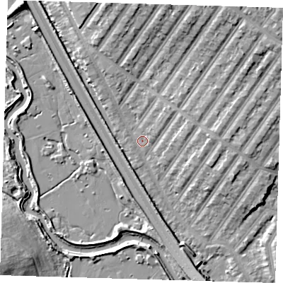 Shaded relief map of the ground around IG13TP, computed from Environment Agency LiDAR. The ground here sits at about 6 m above sea level and falls 11 m across the surrounding 800 m. Surface water reaching this point runs off ground lying to the north-north-east, 8.4 m higher.