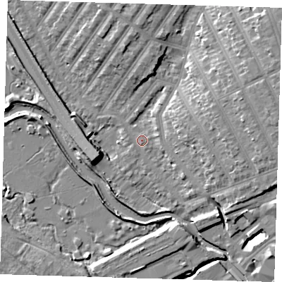 Shaded relief map of the ground around IG13TQ, computed from Environment Agency LiDAR. The ground here sits at about 6 m above sea level and falls 11 m across the surrounding 800 m. Surface water reaching this point runs off ground lying to the south-east, 3.7 m higher.