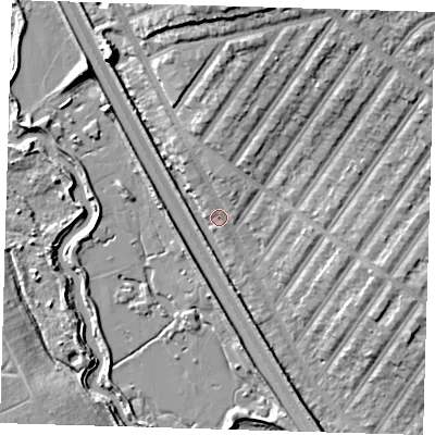 Shaded relief map of the ground around IG13TR, computed from Environment Agency LiDAR. The ground here sits at about 7 m above sea level and falls 14 m across the surrounding 800 m. Surface water reaching this point runs off ground lying to the north, 12.6 m higher.