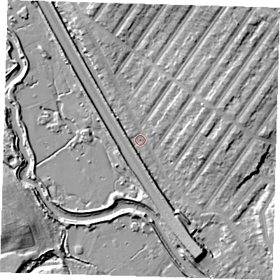 Shaded relief map of the ground around IG13TW, computed from Environment Agency LiDAR. The ground here sits at about 6 m above sea level and falls 10 m across the surrounding 800 m. Surface water reaching this point runs off ground lying to the north-east, 7.6 m higher.