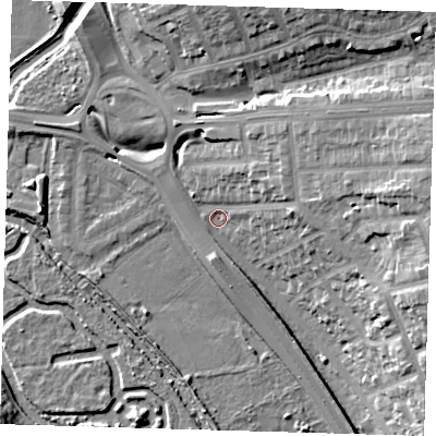 Shaded relief map of the ground around IG13UB, computed from Environment Agency LiDAR. The ground here sits at about 8 m above sea level and falls 16 m across the surrounding 800 m. Surface water reaching this point runs off ground lying to the east, 15.2 m higher.