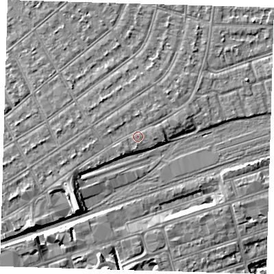 Shaded relief map of the ground around IG14BP, computed from Environment Agency LiDAR. The ground here sits at about 14 m above sea level and falls 12 m across the surrounding 800 m. Surface water reaching this point runs off ground lying to the west-north-west, 1.0 m higher.