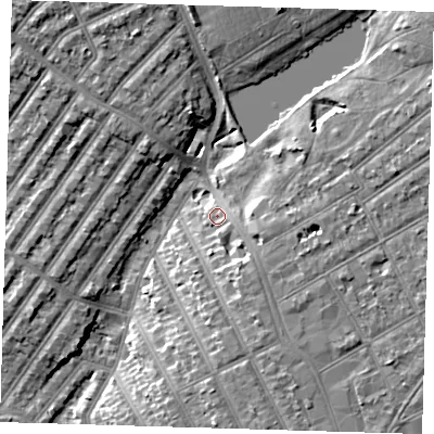 Shaded relief map of the ground around IG14TG, computed from Environment Agency LiDAR. The ground here sits at about 11 m above sea level and falls 10 m across the surrounding 800 m. Surface water reaching this point runs off ground lying to the east, 3.8 m higher.