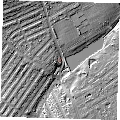 Shaded relief map of the ground around IG14UA, computed from Environment Agency LiDAR. The ground here sits at about 11 m above sea level and falls 15 m across the surrounding 800 m. Surface water reaching this point runs off ground lying to the north-north-west, 9.0 m higher.