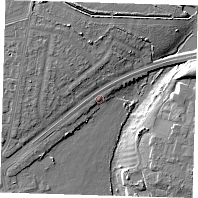 Shaded relief map of the ground around IG27SD, computed from Environment Agency LiDAR. The ground here sits at about 22 m above sea level and falls 12 m across the surrounding 800 m. Surface water reaching this point runs off ground lying to the west-south-west, 1.7 m higher.
