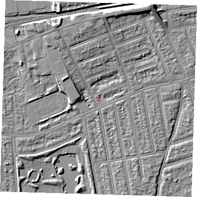 Shaded relief map of the ground around IG38AG, computed from Environment Agency LiDAR. The ground here sits at about 9 m above sea level and falls 9 m across the surrounding 800 m. Surface water reaching this point runs off ground lying to the north, 5.3 m higher.