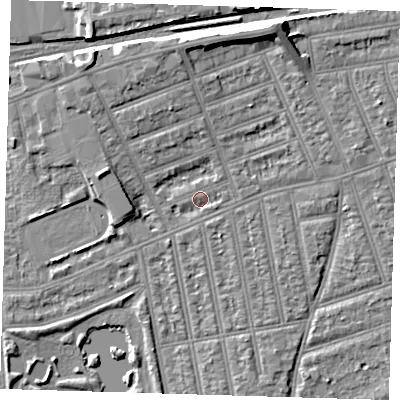 Shaded relief map of the ground around IG38AQ, computed from Environment Agency LiDAR. The ground here sits at about 10 m above sea level and falls 9 m across the surrounding 800 m. Surface water reaching this point runs off ground lying to the north, 5.6 m higher.