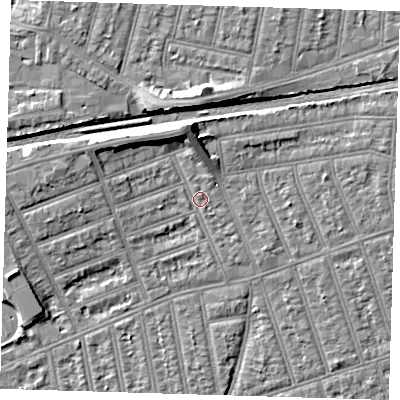 Shaded relief map of the ground around IG38AX, computed from Environment Agency LiDAR. The ground here sits at about 11 m above sea level and falls 8 m across the surrounding 800 m. Surface water reaching this point runs off ground lying to the west, 1.9 m higher.
