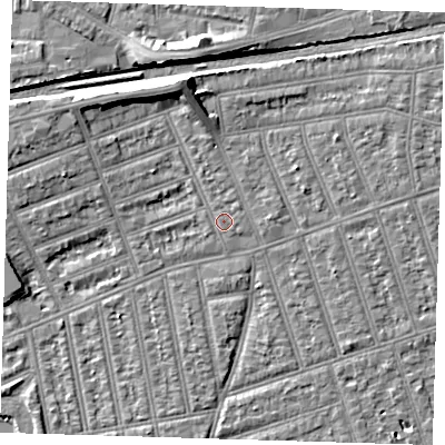 Shaded relief map of the ground around IG38AY, computed from Environment Agency LiDAR. The ground here sits at about 11 m above sea level and falls 9 m across the surrounding 800 m. Surface water reaching this point runs off ground lying to the north-north-west, 5.9 m higher.