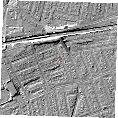 Shaded relief map of the ground around IG38AZ, computed from Environment Agency LiDAR. The ground here sits at about 11 m above sea level and falls 8 m across the surrounding 800 m. Surface water reaching this point runs off ground lying to the west-north-west, 1.9 m higher.