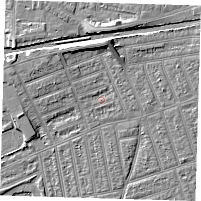 Shaded relief map of the ground around IG38BA, computed from Environment Agency LiDAR. The ground here sits at about 11 m above sea level and falls 9 m across the surrounding 800 m. Surface water reaching this point runs off ground lying to the north-west, 2.5 m higher.