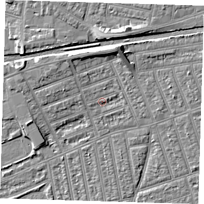 Shaded relief map of the ground around IG38BB, computed from Environment Agency LiDAR. The ground here sits at about 11 m above sea level and falls 8 m across the surrounding 800 m. Surface water reaching this point runs off ground lying to the north-west, 2.5 m higher.