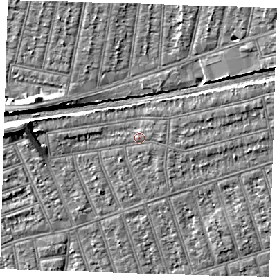 Shaded relief map of the ground around IG38DP, computed from Environment Agency LiDAR. The ground here sits at about 12 m above sea level and falls 7 m across the surrounding 800 m. Surface water reaching this point runs off ground lying to the east-north-east, 3.0 m higher.