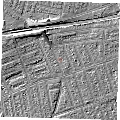 Shaded relief map of the ground around IG38DQ, computed from Environment Agency LiDAR. The ground here sits at about 11 m above sea level and falls 8 m across the surrounding 800 m. Surface water reaching this point runs off ground lying to the north-north-west, 0.7 m higher.