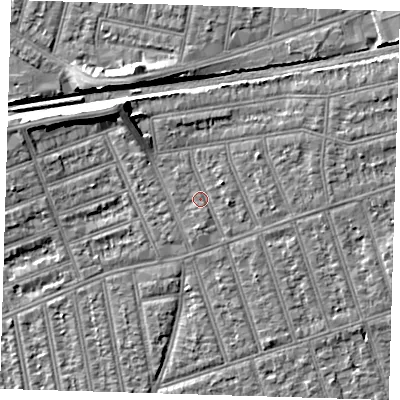 Shaded relief map of the ground around IG38DR, computed from Environment Agency LiDAR. The ground here sits at about 11 m above sea level and falls 8 m across the surrounding 800 m. Surface water reaching this point runs off ground lying to the north-west, 5.7 m higher.