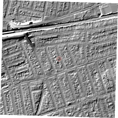 Shaded relief map of the ground around IG38DS, computed from Environment Agency LiDAR. The ground here sits at about 12 m above sea level and falls 8 m across the surrounding 800 m. Surface water reaching this point runs off ground lying to the north-north-east, 1.3 m higher.