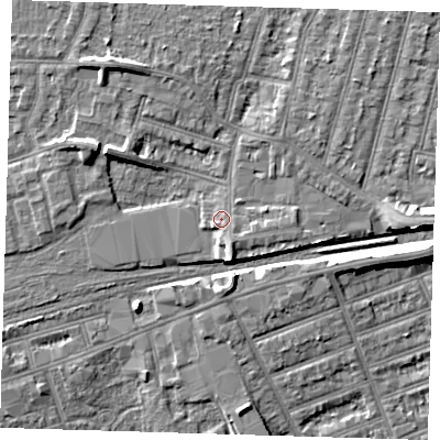 Shaded relief map of the ground around IG38HW, computed from Environment Agency LiDAR. The ground here sits at about 13 m above sea level and falls 8 m across the surrounding 800 m. Surface water reaching this point runs off ground lying to the south-south-east, 1.3 m higher.