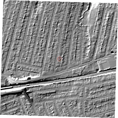 Shaded relief map of the ground around IG38PH, computed from Environment Agency LiDAR. The ground here sits at about 14 m above sea level and falls 7 m across the surrounding 800 m. Surface water reaching this point runs off ground lying to the north, 2.1 m higher.