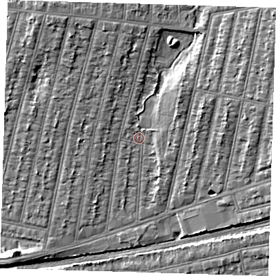 Shaded relief map of the ground around IG38PP, computed from Environment Agency LiDAR. The ground here sits at about 14 m above sea level and falls 8 m across the surrounding 800 m. Surface water reaching this point runs off ground lying to the north-east, 4.0 m higher.
