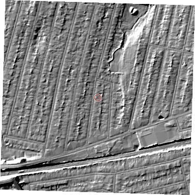 Shaded relief map of the ground around IG38PR, computed from Environment Agency LiDAR. The ground here sits at about 13 m above sea level and falls 7 m across the surrounding 800 m. Surface water reaching this point runs off ground lying to the north, 3.1 m higher.