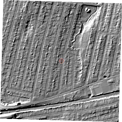 Shaded relief map of the ground around IG38PU, computed from Environment Agency LiDAR. The ground here sits at about 14 m above sea level and falls 7 m across the surrounding 800 m. Surface water reaching this point runs off ground lying to the north, 3.1 m higher.