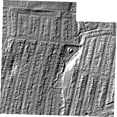 Shaded relief map of the ground around IG38PY, computed from Environment Agency LiDAR. The ground here sits at about 15 m above sea level and falls 6 m across the surrounding 800 m. Surface water reaching this point runs off ground lying to the north-west, 2.0 m higher.