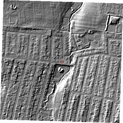 Shaded relief map of the ground around IG38QA, computed from Environment Agency LiDAR. The ground here sits at about 16 m above sea level and falls 7 m across the surrounding 800 m. Surface water reaching this point runs off ground lying to the north-west, 2.8 m higher.