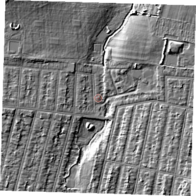 Shaded relief map of the ground around IG38QB, computed from Environment Agency LiDAR. The ground here sits at about 16 m above sea level and falls 8 m across the surrounding 800 m. Surface water reaching this point runs off ground lying to the west-north-west, 1.4 m higher.