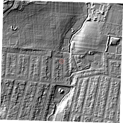 Shaded relief map of the ground around IG38QD, computed from Environment Agency LiDAR. The ground here sits at about 16 m above sea level and falls 11 m across the surrounding 800 m. Surface water reaching this point runs off ground lying to the north-west, 8.2 m higher.
